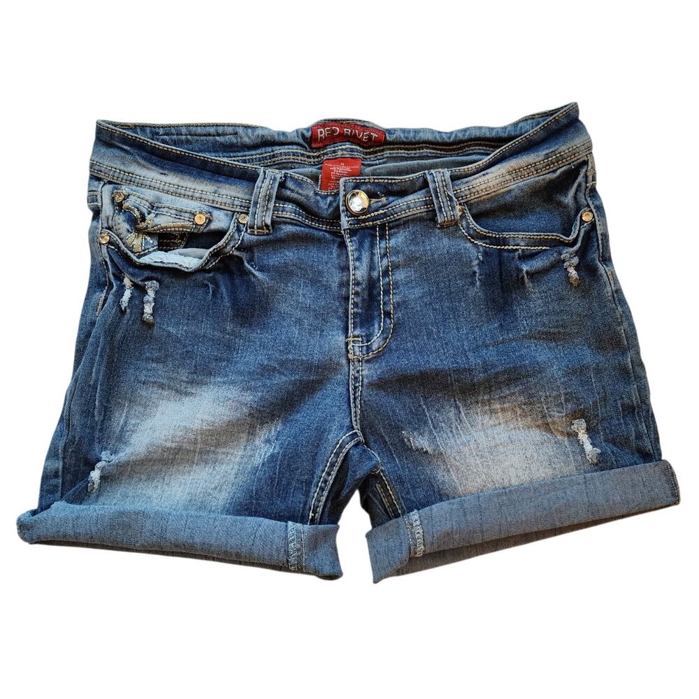 Red Rivet Womens Cuffed Jean Shorts Size 11 Juniors Blue Mid Rise Midi Stretch